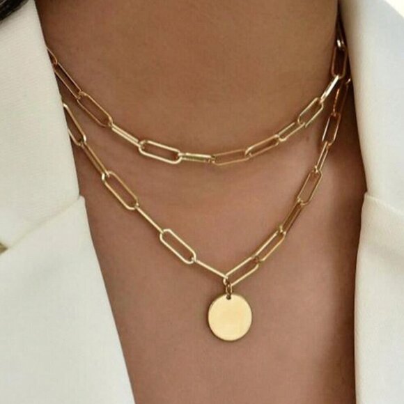 Yellow Gold Women's & Metal Punk Chain Necklace With Round Pendant - Picture 6 of 7